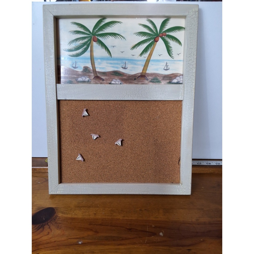 Vintage Beach Themed Cork Board. Approx. 17"× 13" With 4 "Boat" Push Pins.
